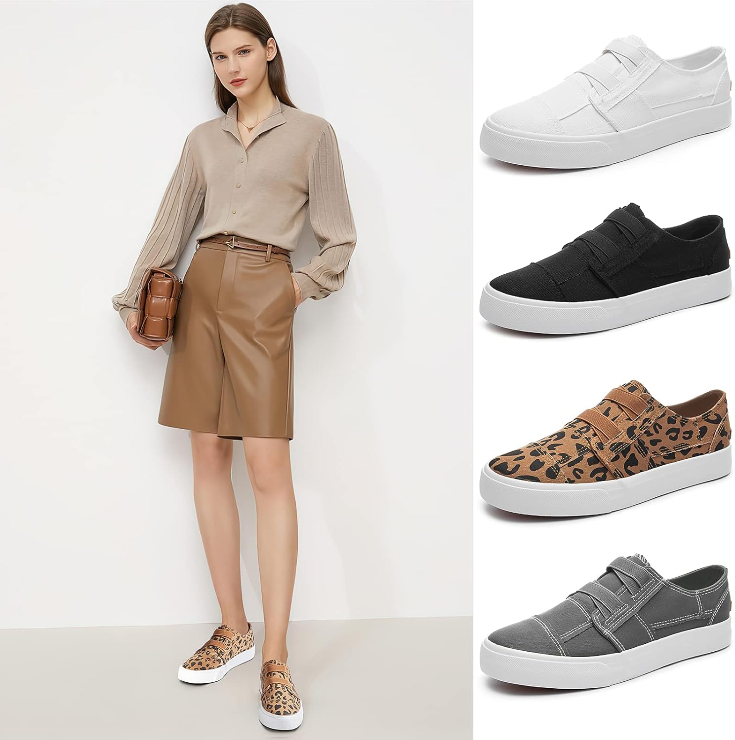 Womens Slip on Shoes Patchwork Canvas Fashion Sneakers Casual Tennis Shoes Walking Flat Shoes(Brown Leopard,US6)