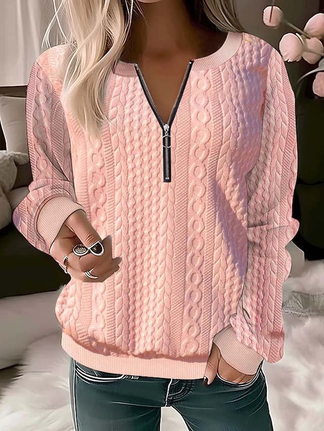 Casual V Neck Plain Sweatshirt Zipper