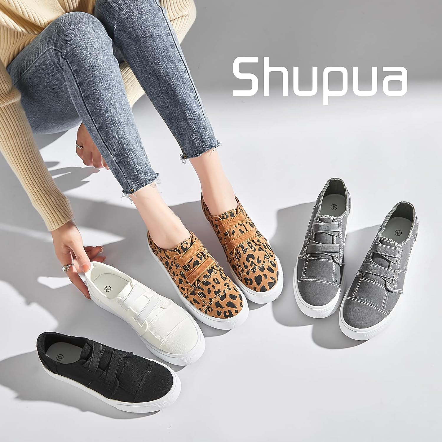 Womens Slip on Shoes Patchwork Canvas Fashion Sneakers Casual Tennis Shoes Walking Flat Shoes(White,US8)