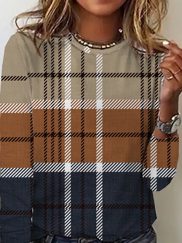 Casual Plaid Crew Neck Long Sleeve T-shirt