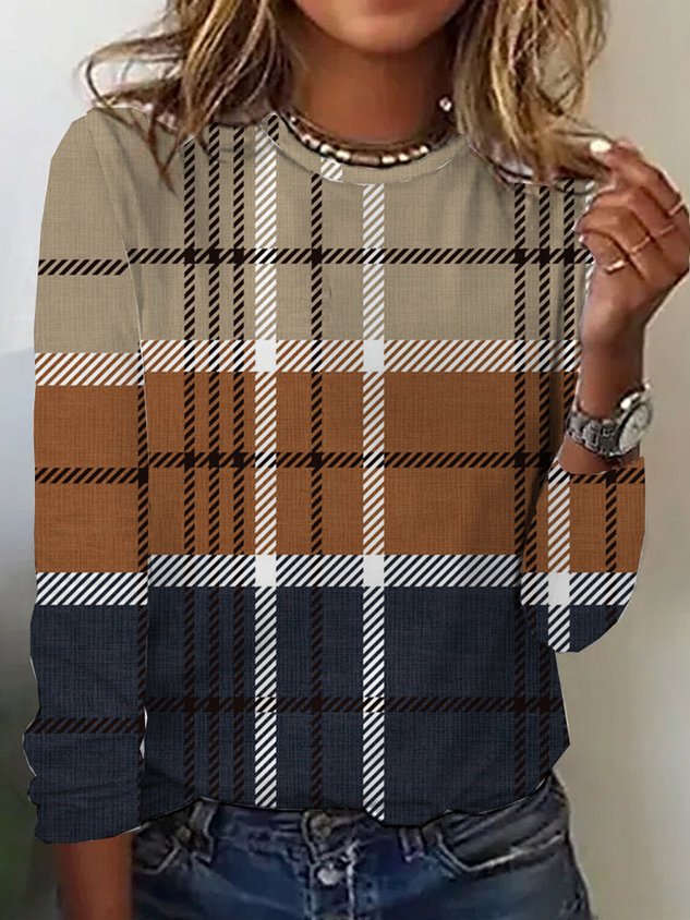 Casual Plaid Crew Neck Long Sleeve T-shirt
