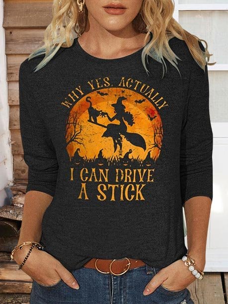 Womens Funny Halloween Witch Shirt, Yes I Can Drive A Stick T-Shirt