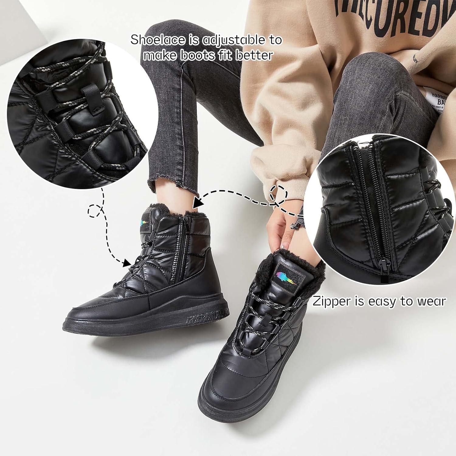 Women's Ankle Boots Winter Snow boots Fur Lined Warm Booties Girls Snow boot Lace Up Ankle boot