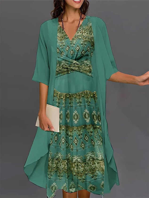 Ethnic V Neck Chiffon Vintage Two-Piece Set