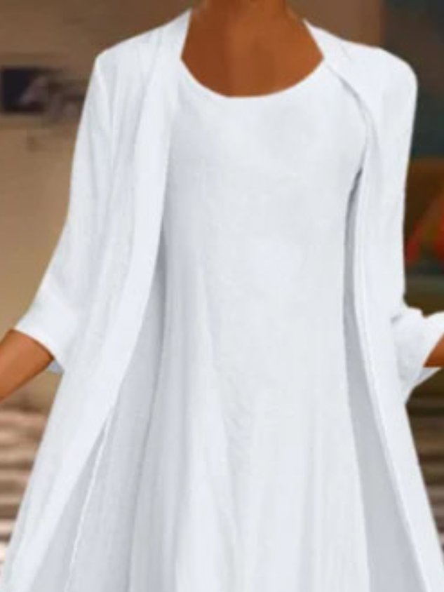 JFN 2PCS Round Neck Solid Casual Dress & Cardigan