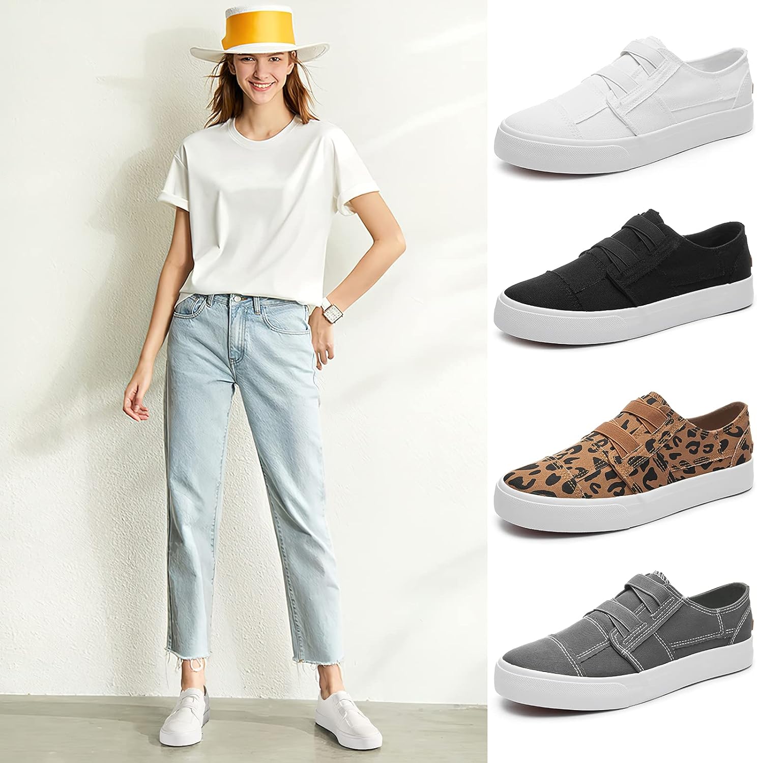 Womens Slip on Shoes Patchwork Canvas Fashion Sneakers Casual Tennis Shoes Walking Flat Shoes(White,US8)