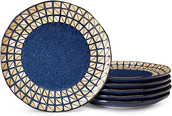 Porcelain Salad Plates Set of 6, 8.2 Inch Appetizer Plates Modern Geometric Printed Lattice Dessert Plates- Dishwasher, Microwave, Oven Safe, Smooth Glaze, Scratch Resistant, Blue & Gold