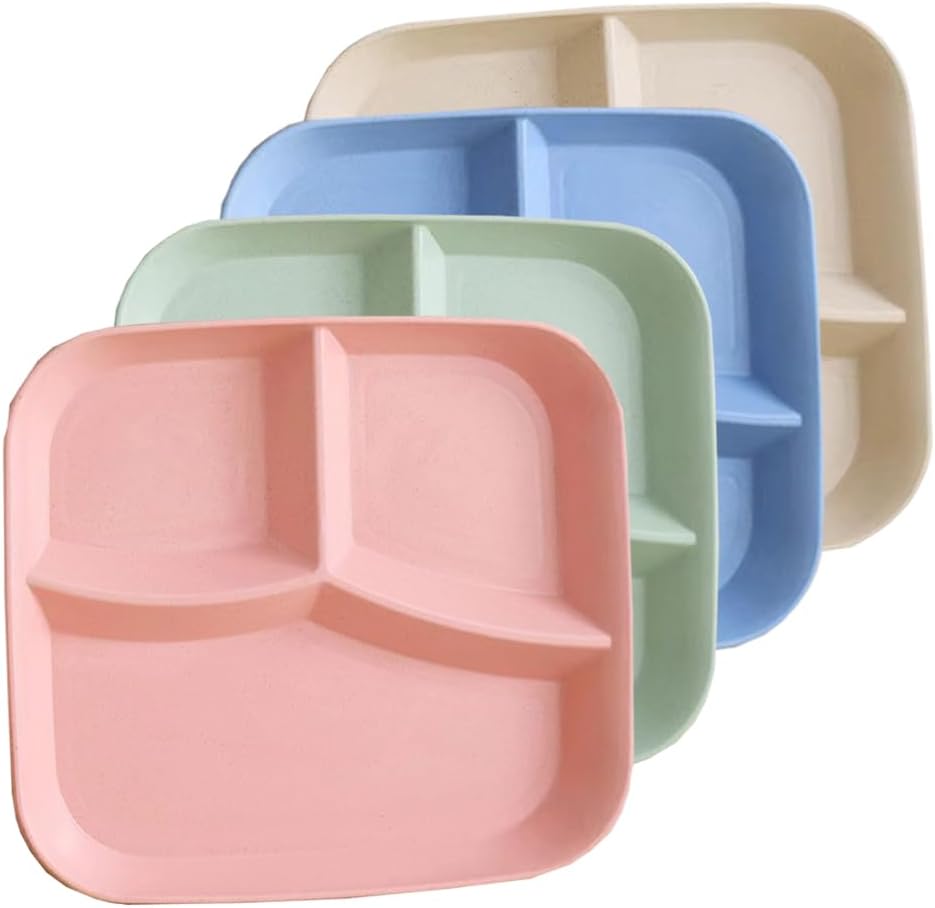 Unbreakable Wheat Straw Dinner Plates for Healthy Eating - 10 Inch Divided Portion Control Plates, 4 Pack BPA Free, Suitable for Kids & Adults, Perfect for Picnics