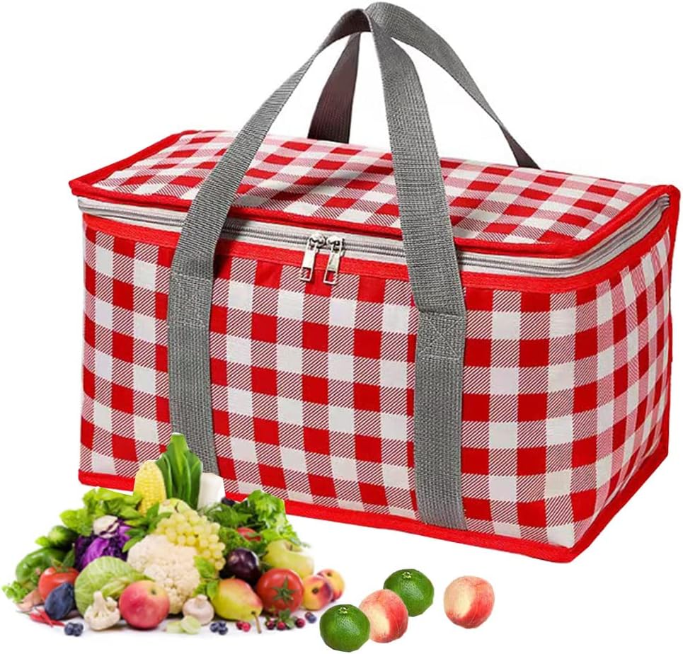 Insulated Reusable Food Picnic Bag Beach Bags, Cooler Bags with Zippered Top -for Hot or Cold,Picnic Basket Collapsible,Beach, Outdoor Party, Camping,Festivals (Red)