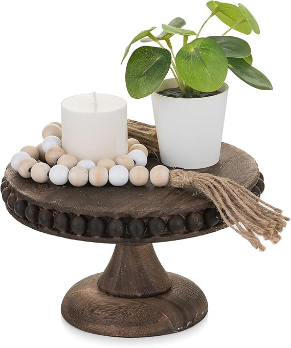 Small Wood Cake Stand: Cupcake Pedestal Stand 8 inch Dessert Display Riser Distressed Rustic Round Cakes Holder Tray Vintage Beads Wooden Plate for Wedding Birthday Decor