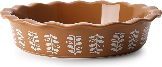 Porcelain Deep Fluted Pie Dish for Baking - 9 inch Porcelain Pie Plate for Apple, Quiche, Pot Pies, Tart - Leaf - Brown