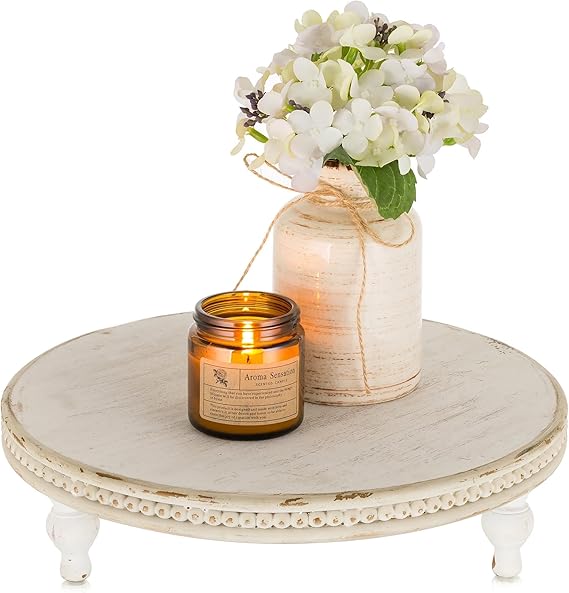 Round Decorative Tray Stand: White Beaded Wood Pedestal Risers Farmhouse Circle Display Holder for Coffee Table Home Decor Kitchen Bathroom Counter