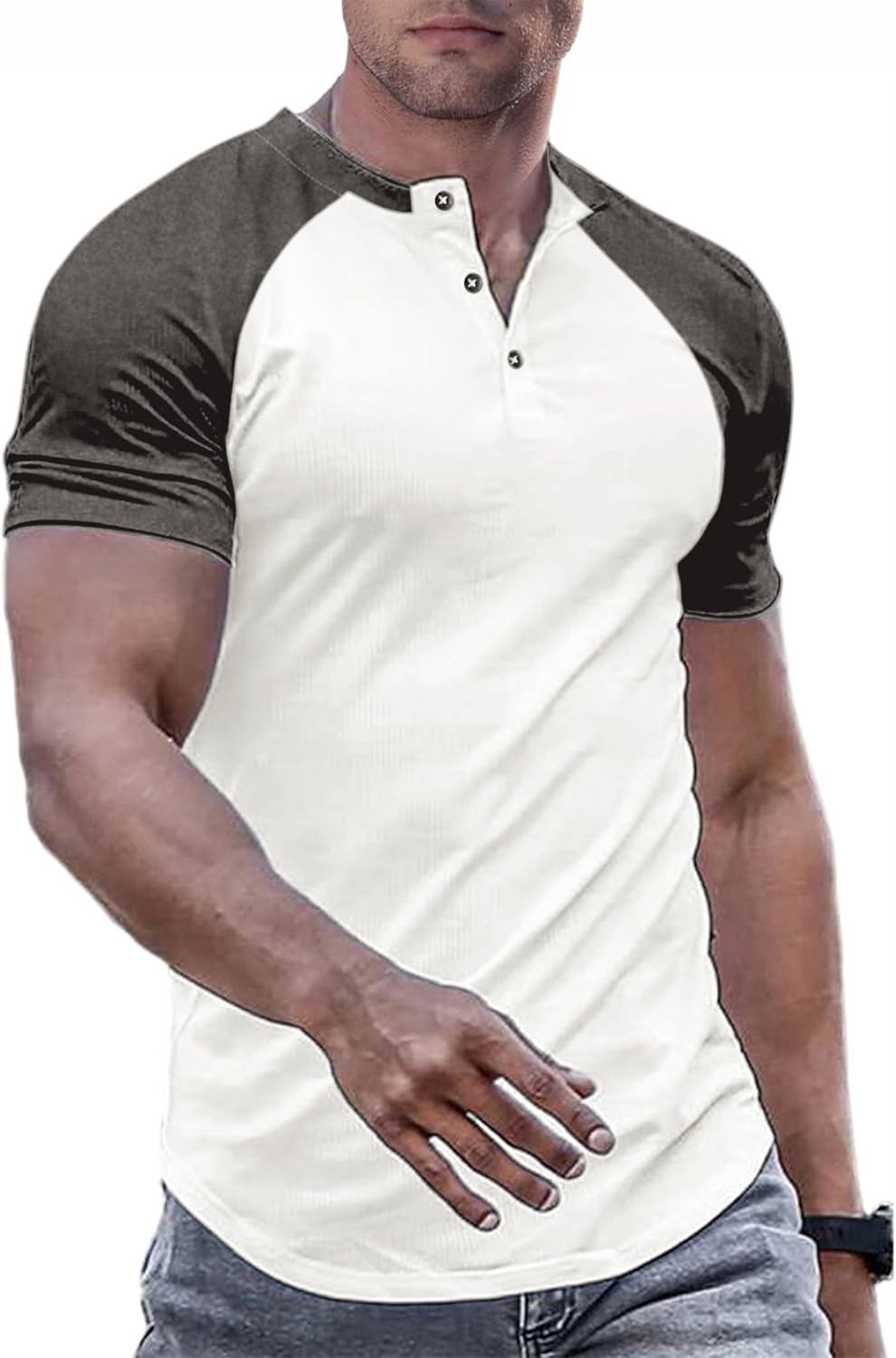 Men's Muscle Slim Henley Shirts Crewneck Longline T-Shirt Gym Workout Athletic Shirt Tees with Button