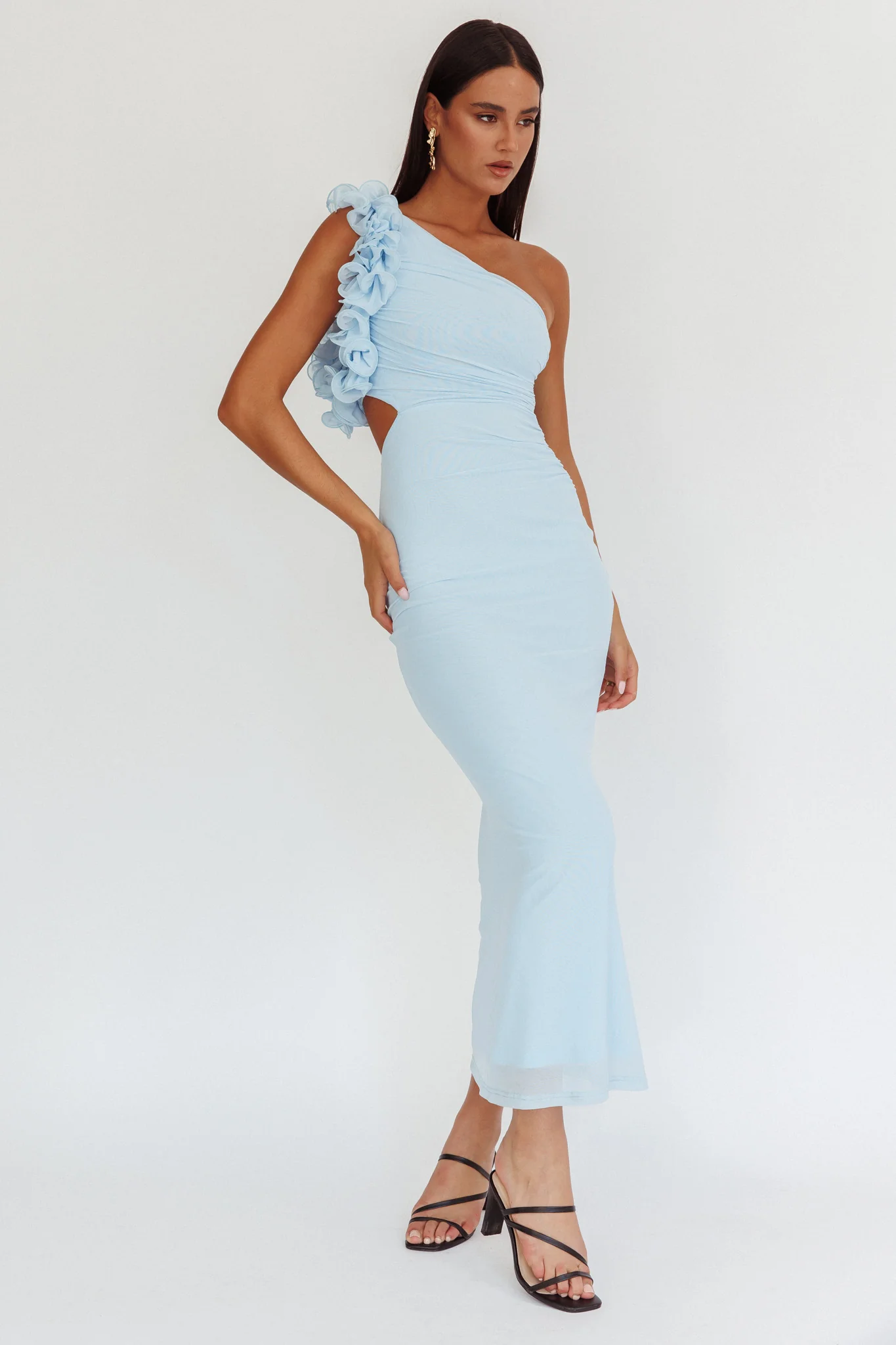 One-Shoulder Ruffle Maxi Dress Light Blue