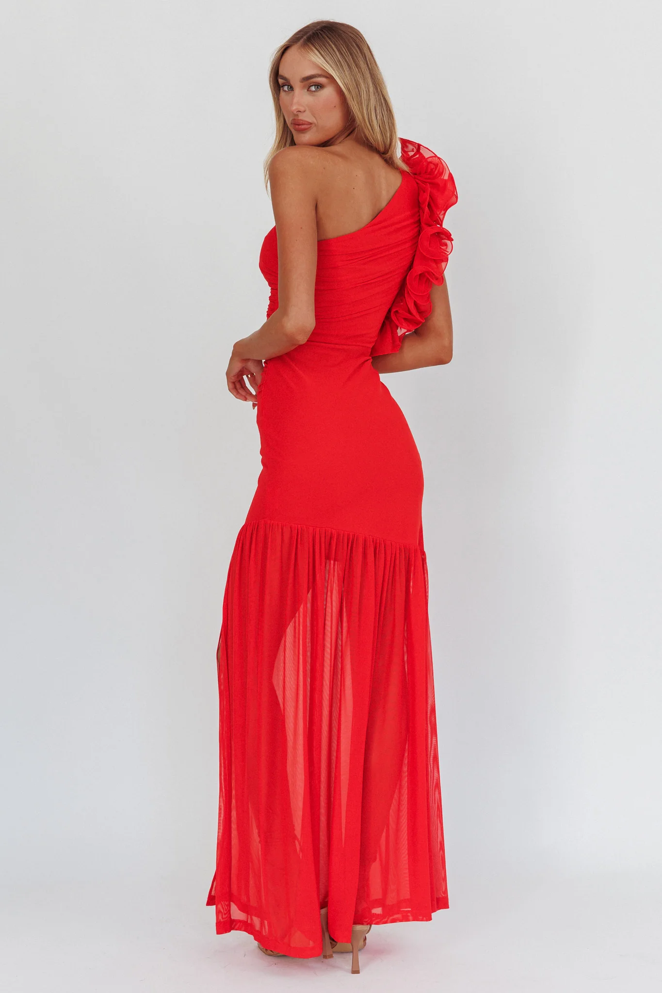 One-Shoulder Sheer Hem Maxi Dress Red