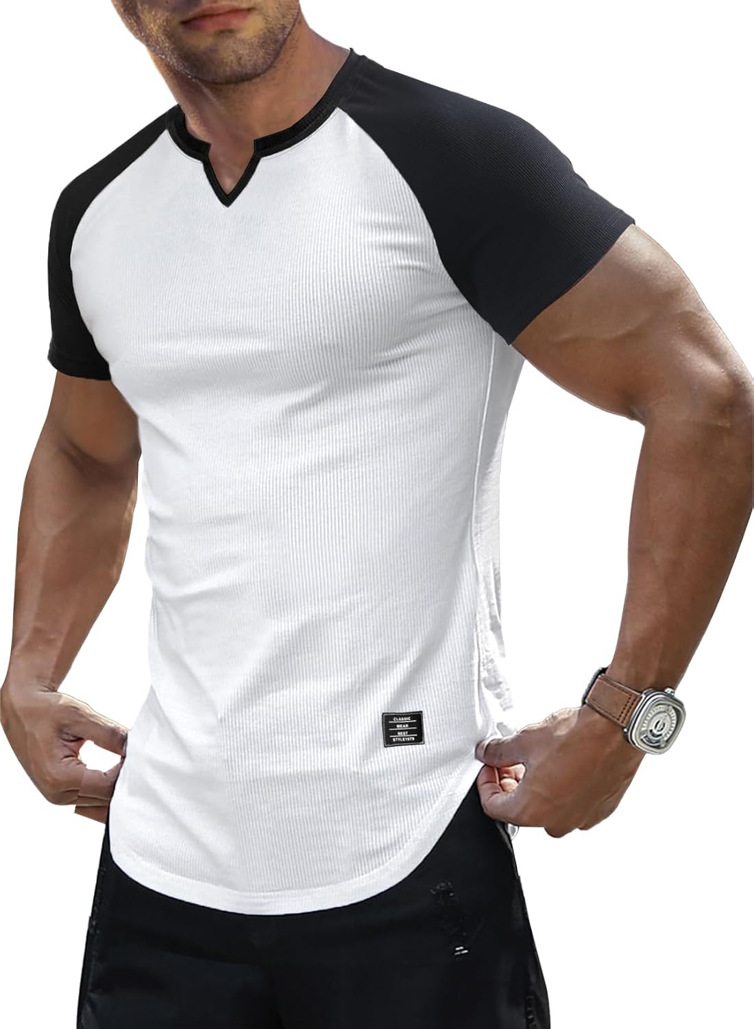 Mens Muscle Slim T Shirt V-Neck Longline Henley Shirt Gym Workout Athletic Tee Shirts