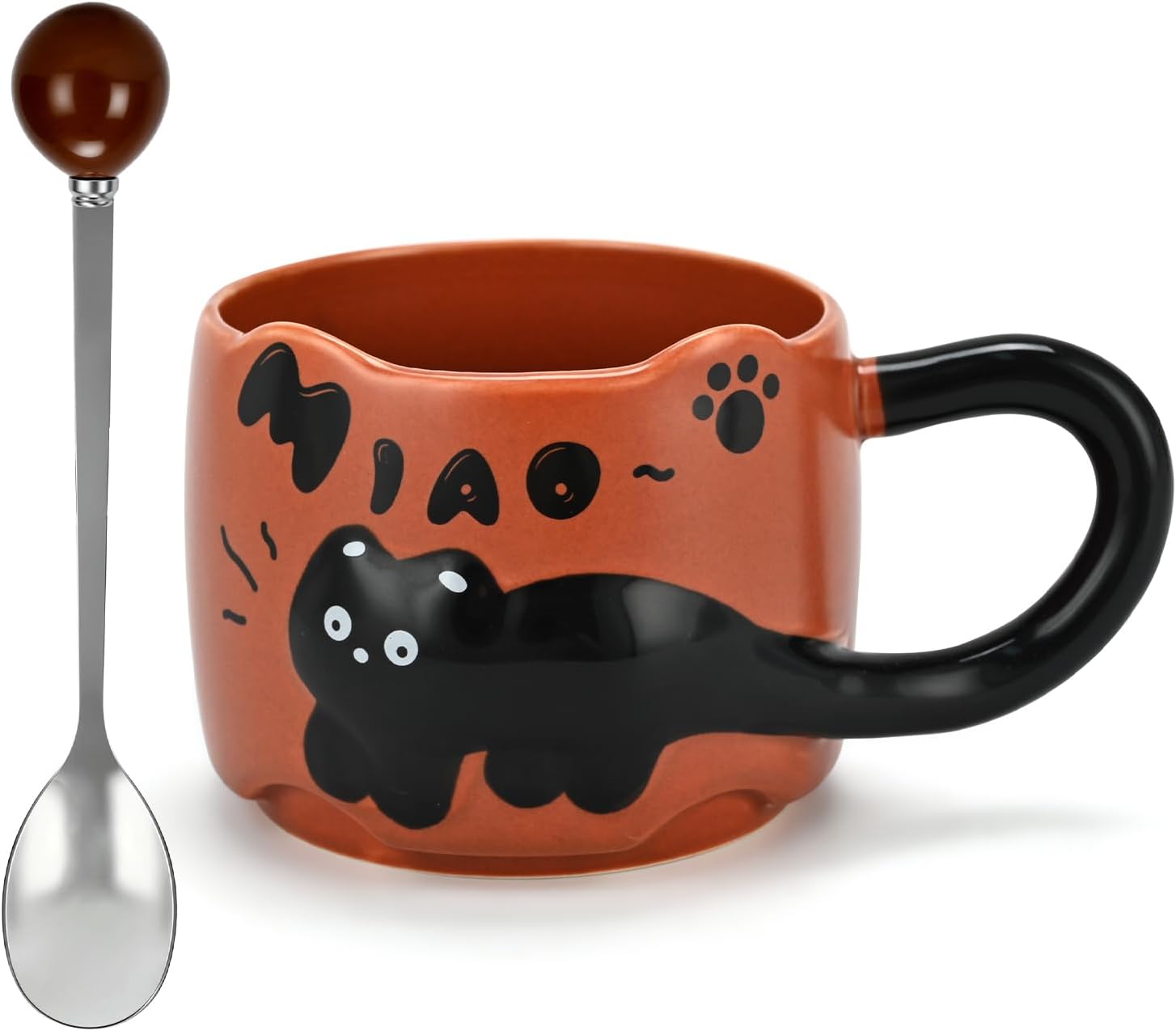 Naughty cat coffee Mugs,Cute funny Mug For Women, 380ml Unique Ceramic Coffee Tea Cups, Office Mug Gift 12.85oz/380ml (Caramel Brown)