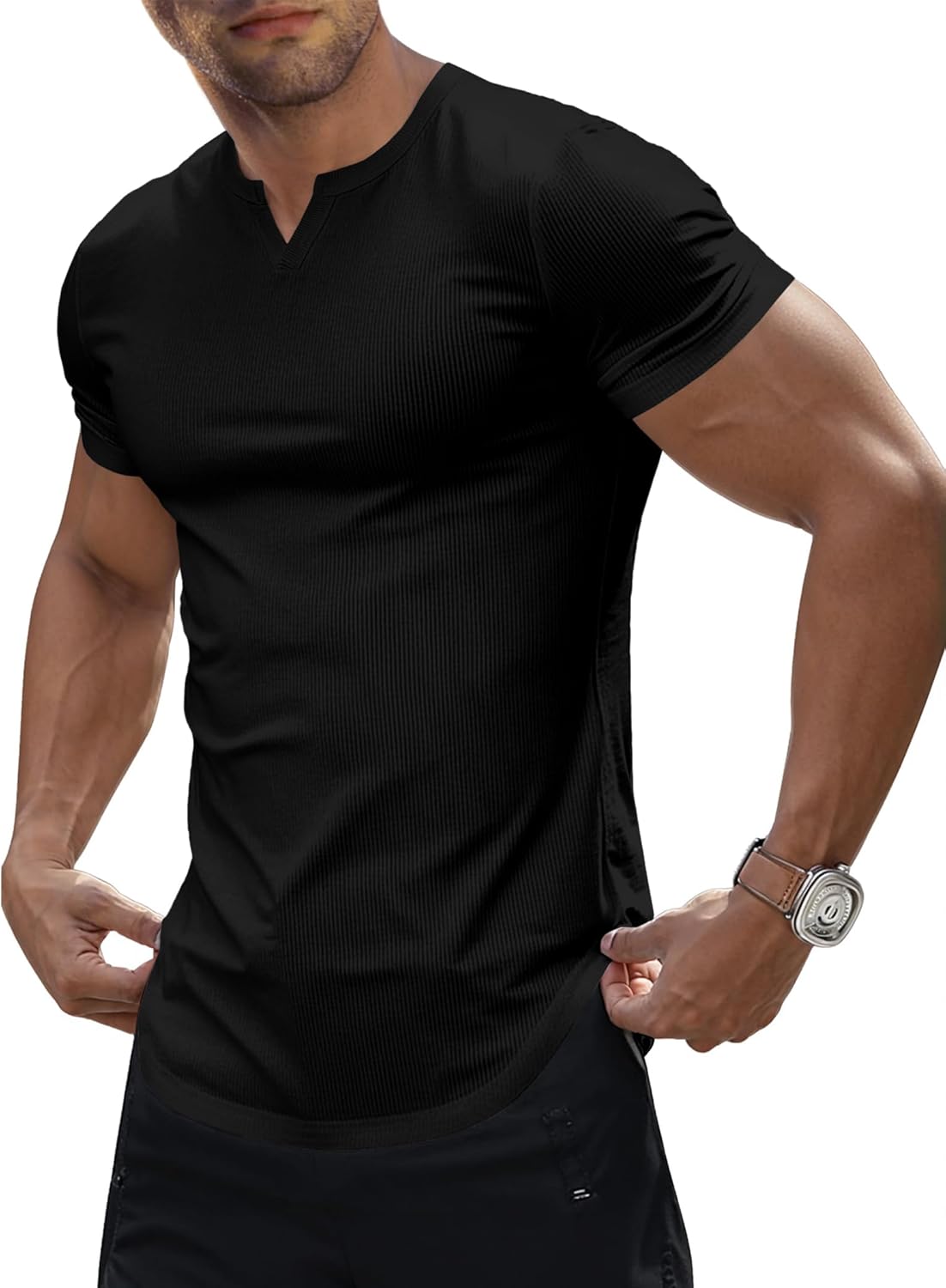 Men's Muscle V-Neck T Shirt Short Sleeve Longline Ribbed Henley Shirt Gym Workout Athletic Tee Shirts
