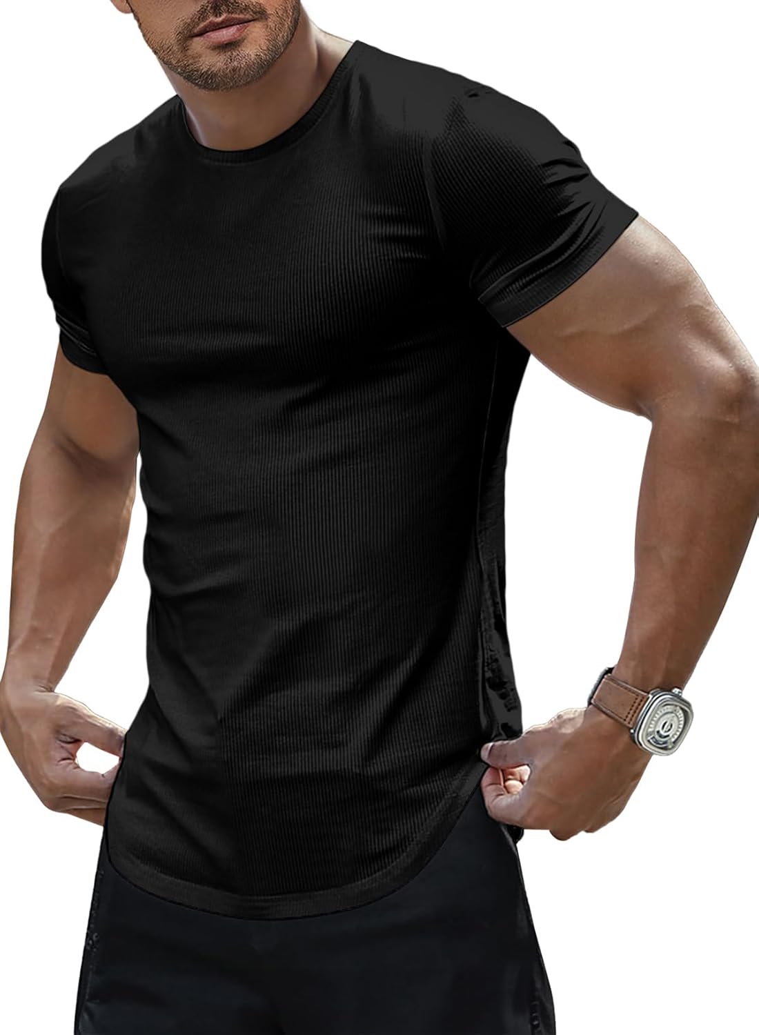Mens Short Sleeve T Shirt Summer Muscle Slim Fitted Crewneck Longline Tees Shirts for Gym Workout