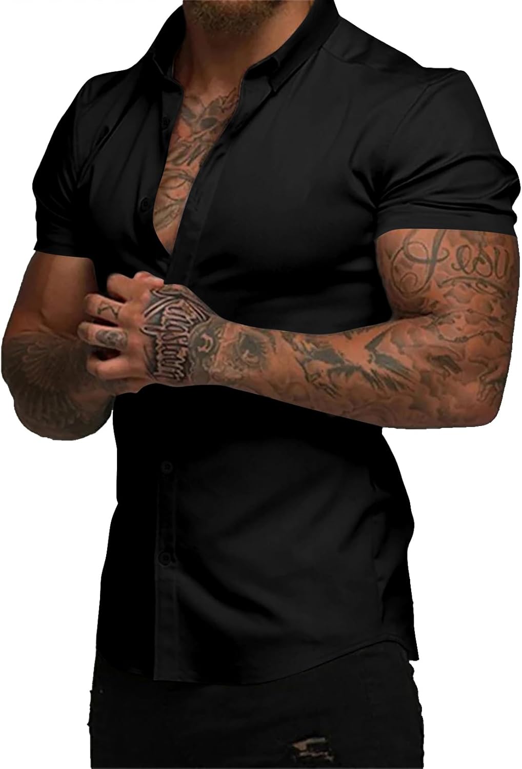 Men's Muscle Fit Dress Shirts Summer Casual Button Down Short Sleeve High Stretch Wrinkle-Free Shirt