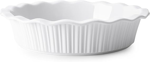 Porcelain Deep Fluted Pie Dish for Baking - 9 inch Porcelain Pie Plate for Apple, Quiche, Pot Pies, Tart - Vertical Line - White