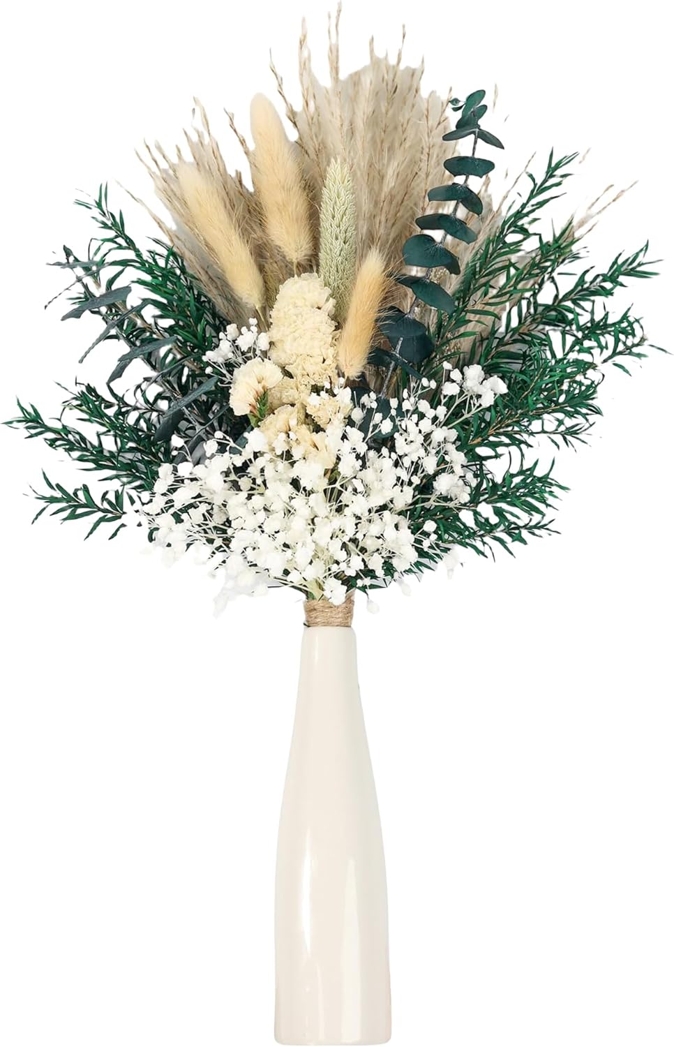 Dried Flower Bouquet with Ceramic Vase, Pampas, Wedding Party Decoration, Farmhouse Decor, Wedding Table Centerpiece. (Green)