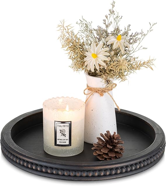 Decorative Coffee Table Tray: Modern Farmhouse Beaded Round Tray Decor Rich Dark Brown Circle Wooden Ottoman Serving Platter for Centerpieces Kitchen Counter Bathroom