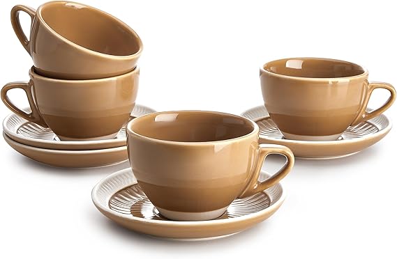 6 Ounce Cappuccino Cups with Saucers, Porcelain Double Espresso Cups Set of 4 - Yellow