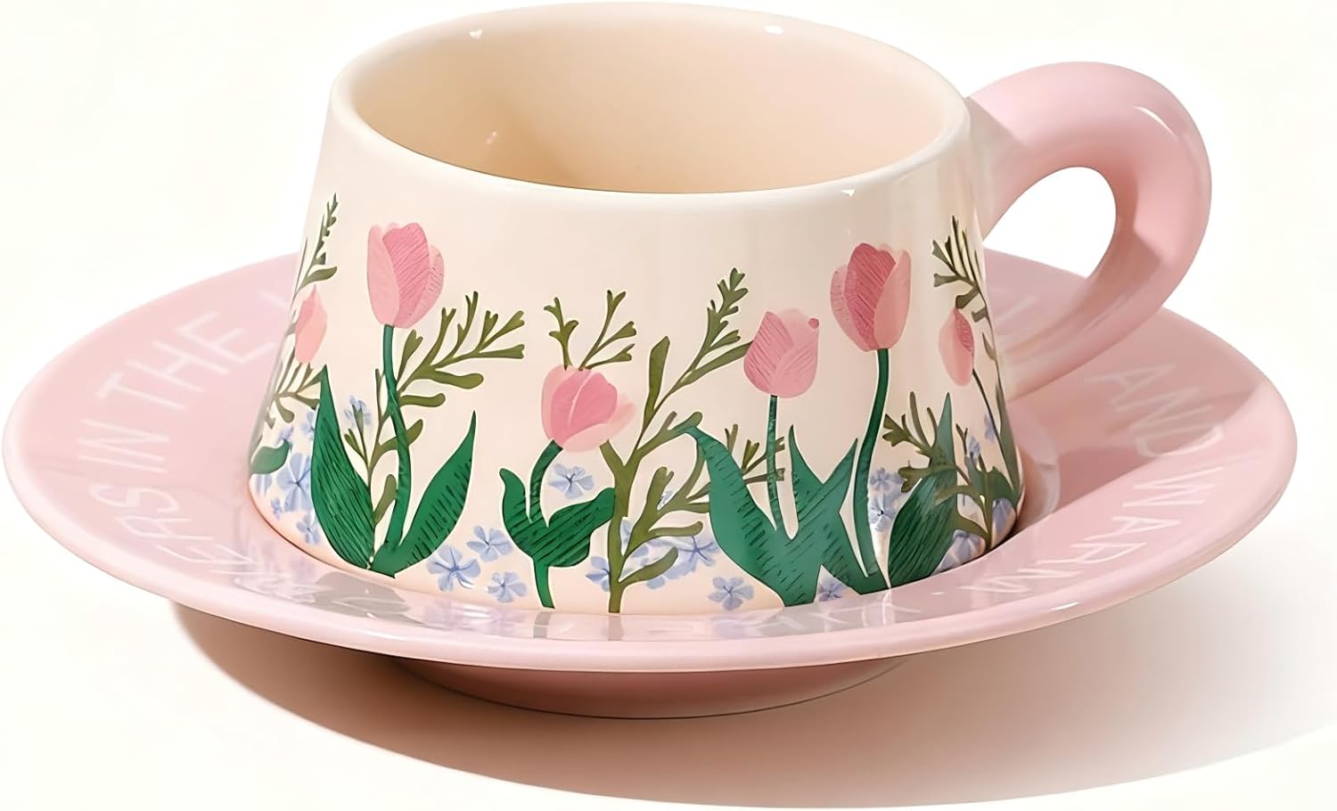 Cute Ceramic Coffee Mug and Saucer Set for Women, Spring Floral Embossed Design, 9.5oz/280ml, Perfect for Home, Office & Holiday Gifts (Pink Tulip)