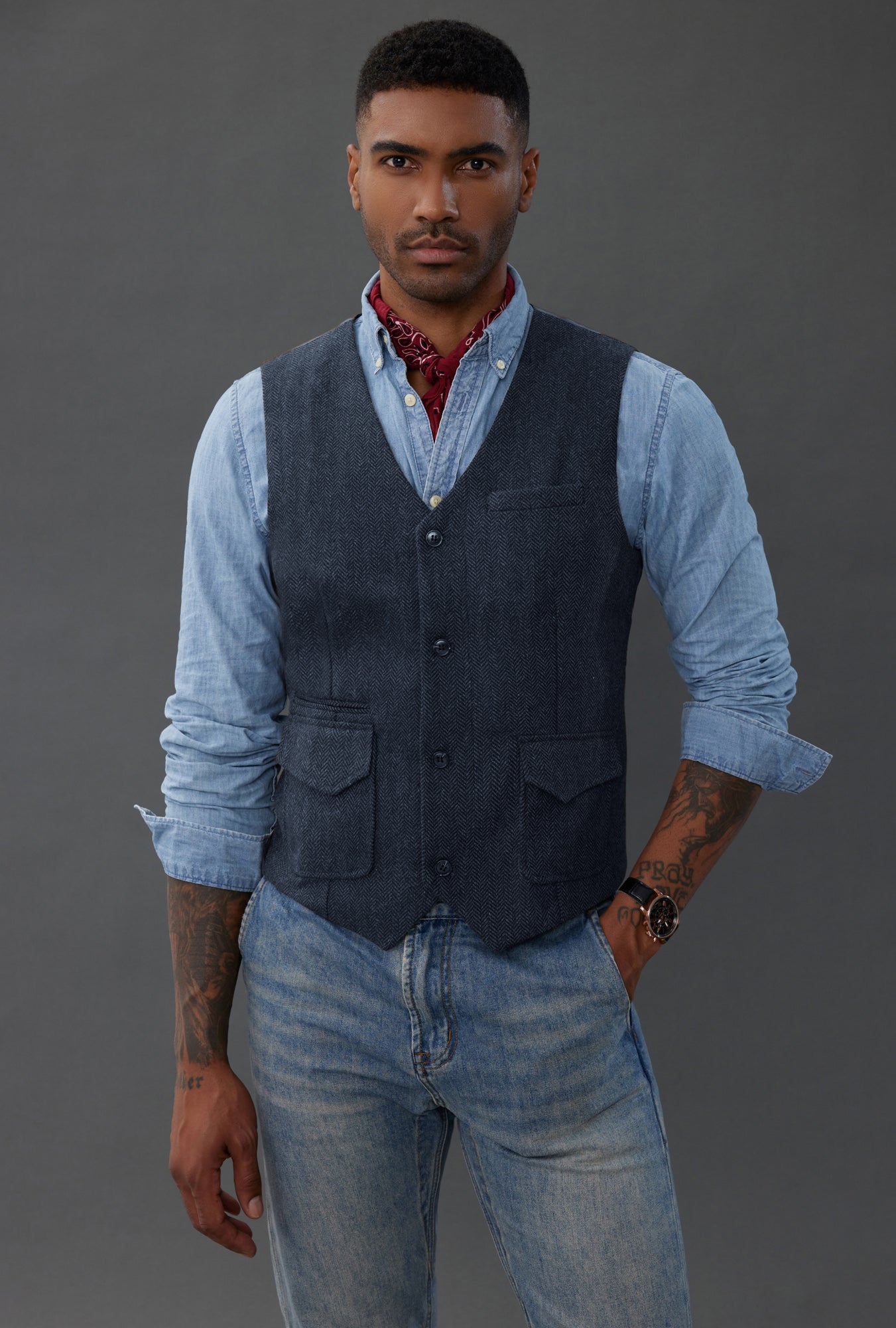 Men's British Herringbone Tweed Vest Casual Wool Blend Waistcoat with Pockets