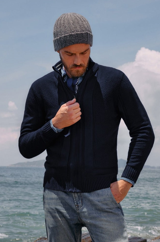Mens Stand Collar Full Zip Cardigan Sweater Vintage Geometric Sweaters
