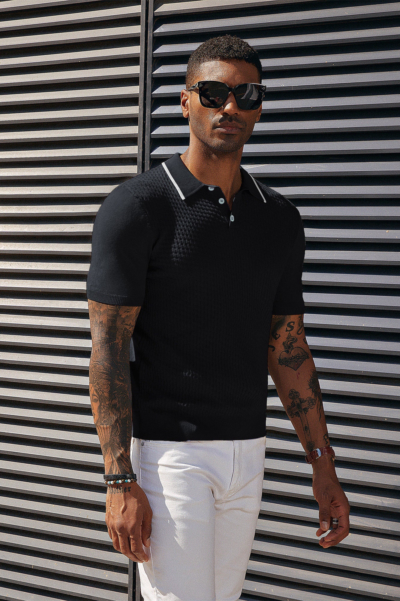 Men's Short Sleeve Knit Polo Shirts Waffle Texture Knit Shirt