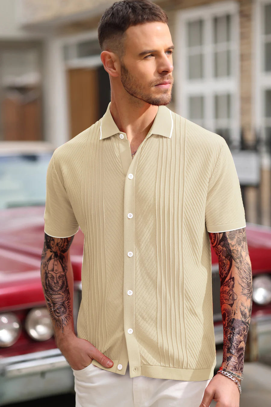 Men Textured Cardigan Sweater Short Sleeve Lapel Collar Button-up Knitwear