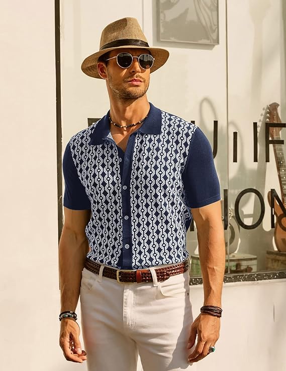 Men's Contrast 70s Vintage Polo Knit Shirts Short Sleeve Cardigan Knitwear