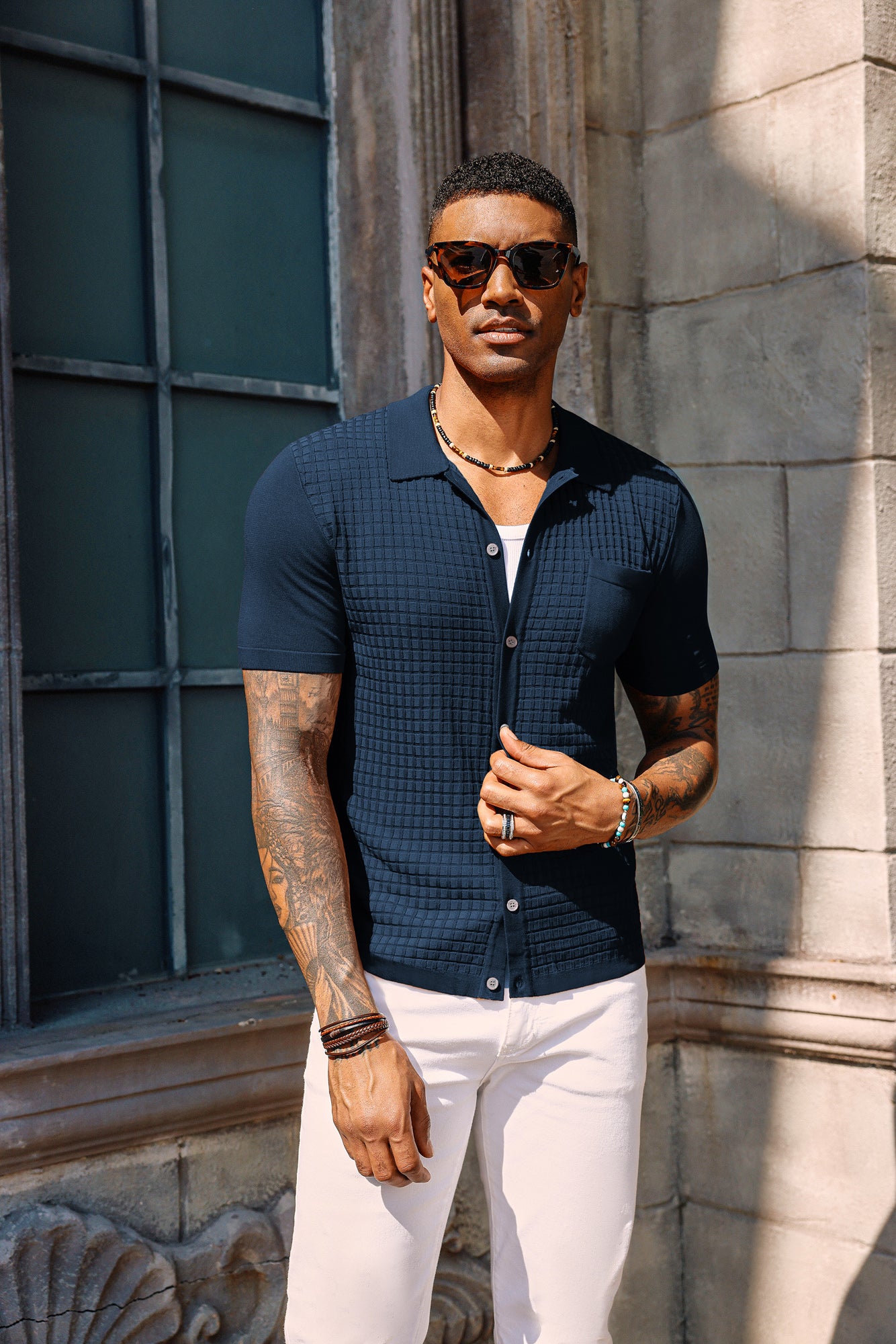 Men Textured Cardigan Short Sleeve Lapel Collar Button-up Sweater Knitwear
