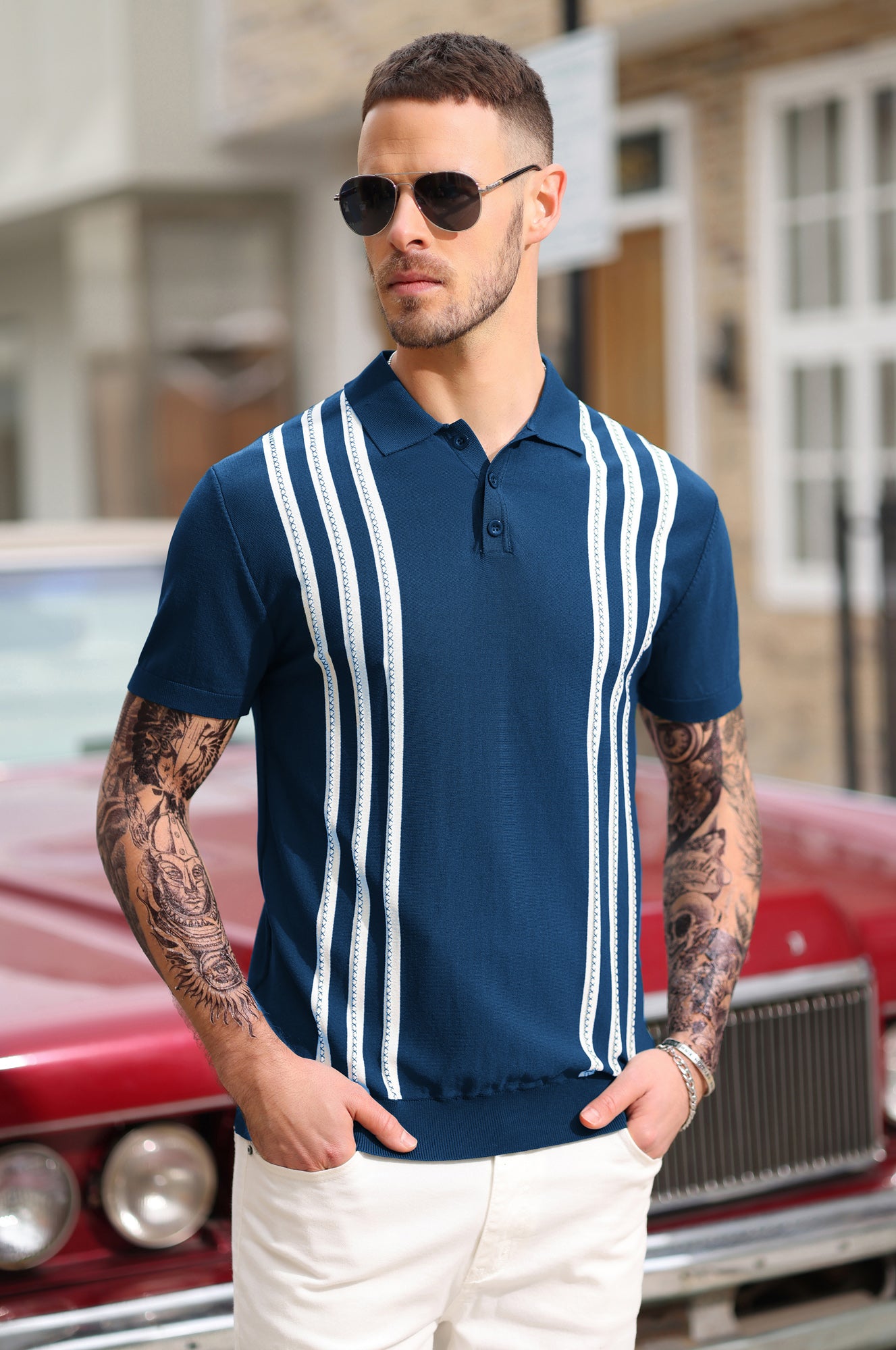 s Men's Vintage Stripe Knitted Polo Pullover Shirts Short Sleeve Golf Knit Mens Polo Shirt