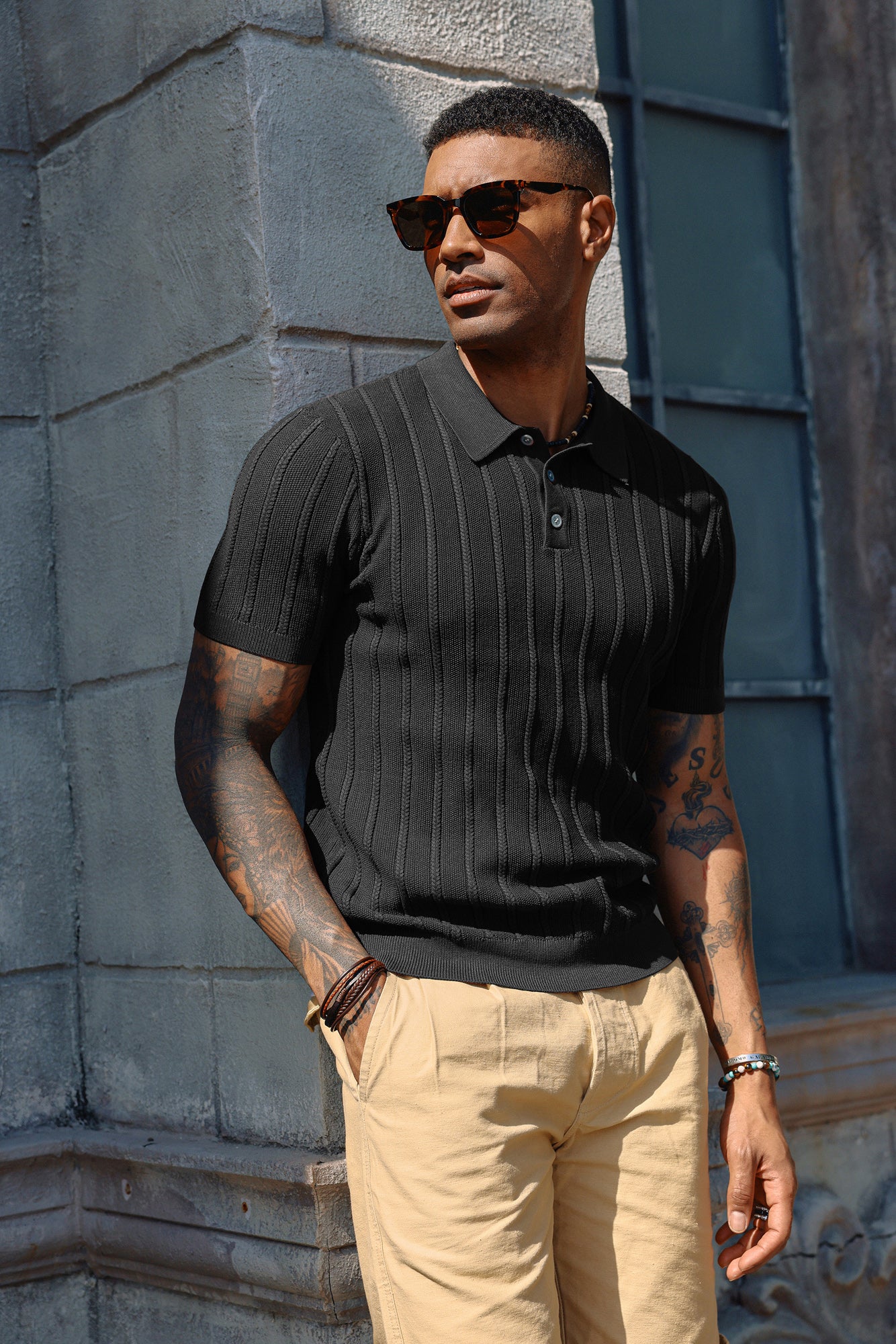 Men Straight Knitted Polo-Shirt Short Sleeve Lapel Collar Button-up Neck Tops