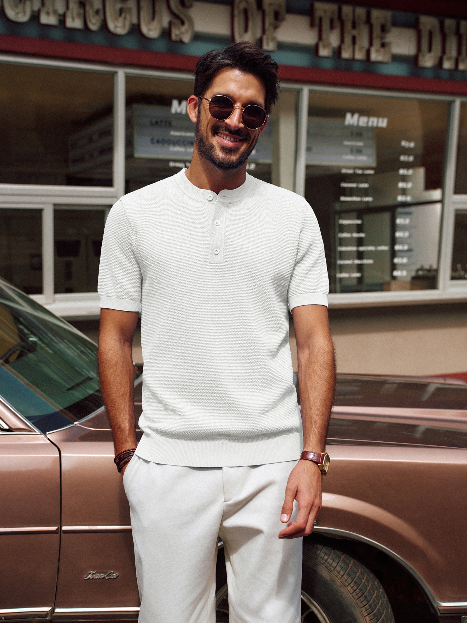 Men Pineapple Textured Henley Shirt Short Sleeve Straight Knitted Tops