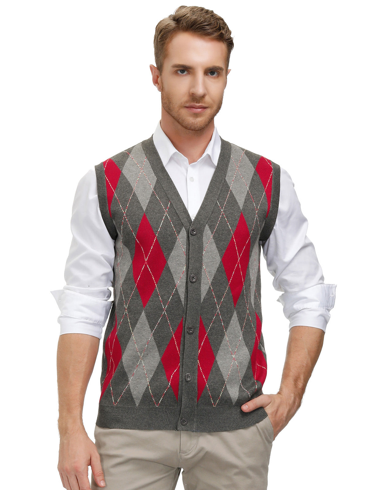 s Men Sleeveless Sweater Vest Contrast Color Diamond Pattern Button Placket