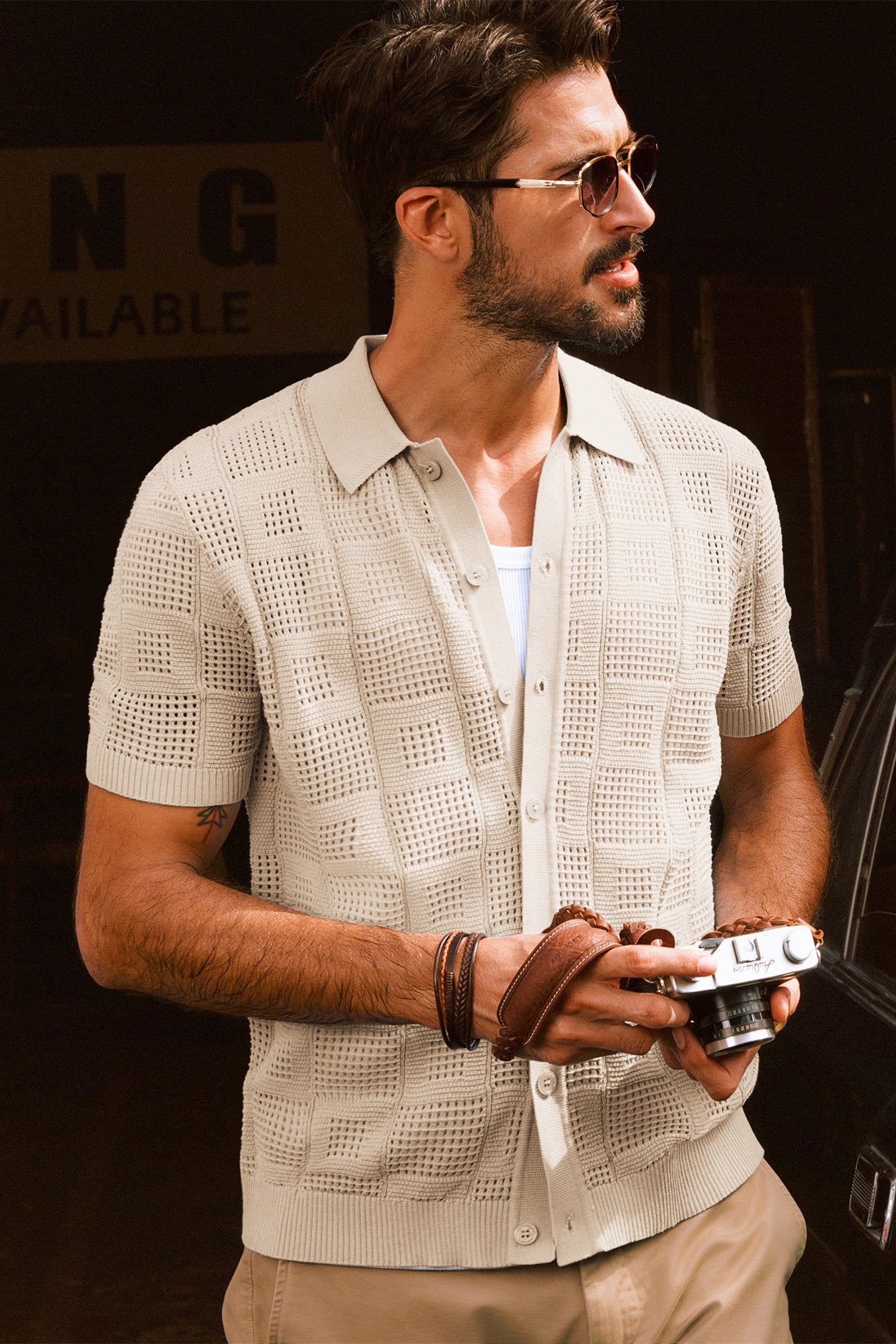 Men Hollowed-out Cardigan Short Sleeve Lapel Collar Button-up Sweater Tops
